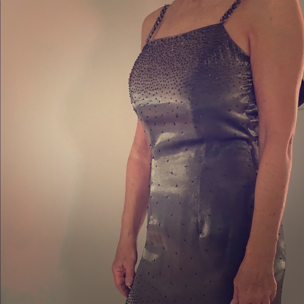 Vintage- Cache silk strapless olive beaded evening gown